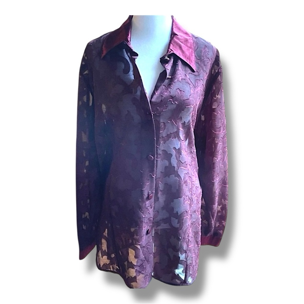 VINTAGE 90s HILLARD HANSON Sheer Plum Floral Satin Long Sleeve Tunic Blouse SZ L